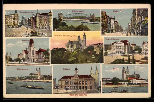 AK Magdeburg, Dom mit Präsidialgarten, Rathaus, Königsbrücke, Zentral-Theater, Museum, Elb-Ansicht