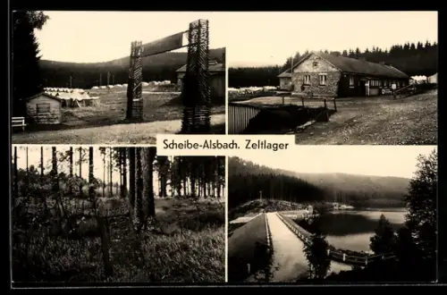 AK Scheibe-Alsbach, Zeltlager, Gebäude, See, Waldpartie