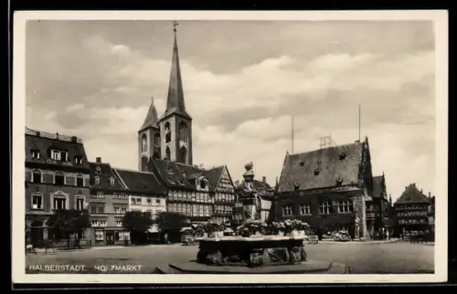 AK Halberstadt, Holzmarkt, Kirche, Brunnen