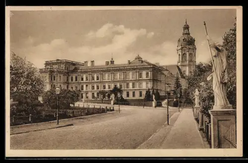 AK Neustrelitz, Schloss mit Strasse u. Standbildern