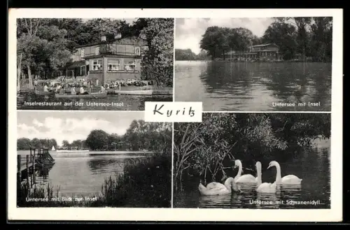 AK Kyritz, Untersee mit Insel, Inselrestaurant, Schwanenidyll