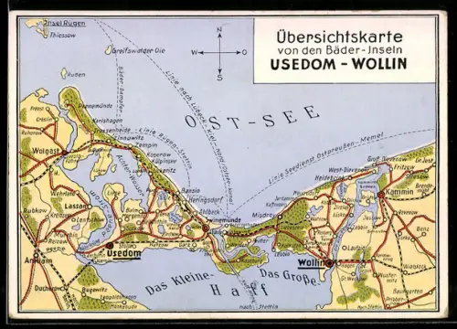 AK Usedom, Übersichtskarte der Bäder-Inseln Usedom und Wollin, Ostsee, Strassen und Bahnlinien