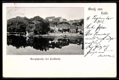 AK Halle, Bergschenke bei Cröllwitz, Ortsansicht vom Wasser