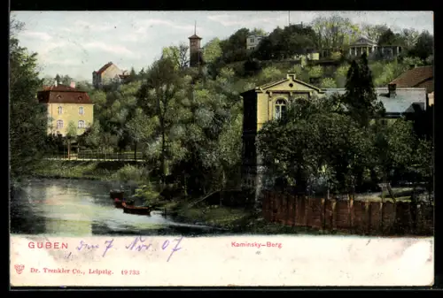 AK Guben, Kaminsky-Berg, Flussansicht, Villen, Turm