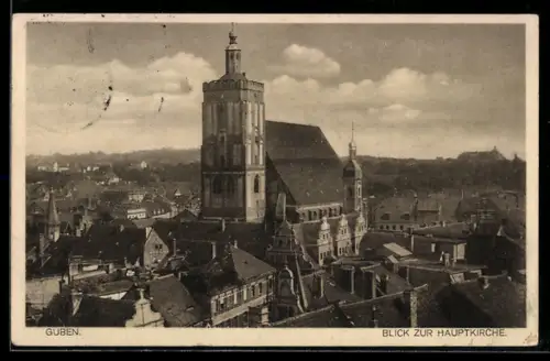 AK Guben, Blick zur Hauptkirche, Teilansicht aus der Vogelschau