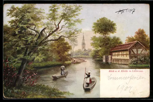Künstler-AK Lübbenau, Blick auf die Kirche, Fluss, Spreewaldkähne, Trachten