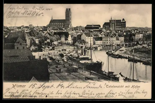 AK Wismar, Totalansicht mit Hafen aus der Vogelschau