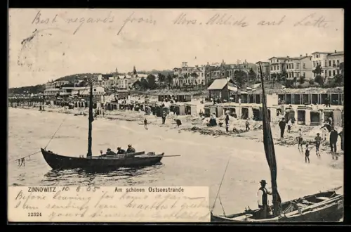 AK Zinnowitz, Ostseestrand, Badegäste, Strandvillen, Boote