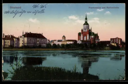 AK Stralsund, Frankenteich, Marienkirche, Panorama