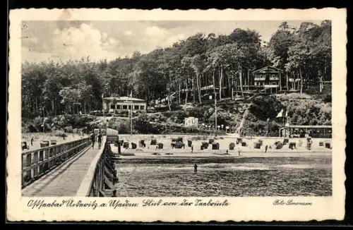 AK Ückeritz a. Usedom, Strand mit Seebrücke und Dünen, Gebäude, Wald