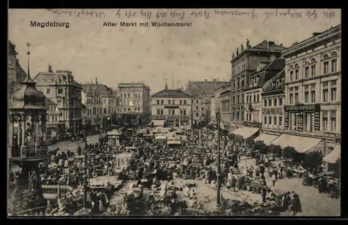 AK Magdeburg, Alter Markt mit Wochenmarkt aus der Vogelschau