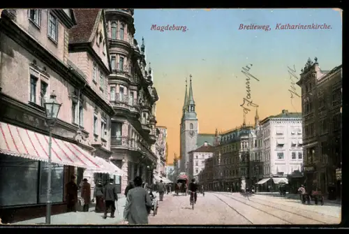 AK Magdeburg, Breiteweg, Strassenpartie mit Katharinenkirche