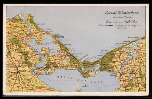 AK Wollin, Spezial Wanderkarte der Inseln Usedom und Wollin, Stettiner Haff