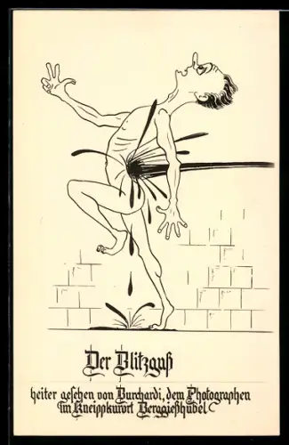 Künstler-AK Mann erschreckt sich vor einem Wasserstrahl