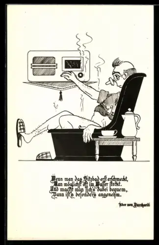 Künstler-AK Mann im Sitzbad mit Radio