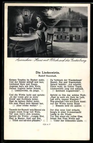 AK Aennchen-Haus mit Blick auf die Godesburg, Gedicht die Lindenwirtin