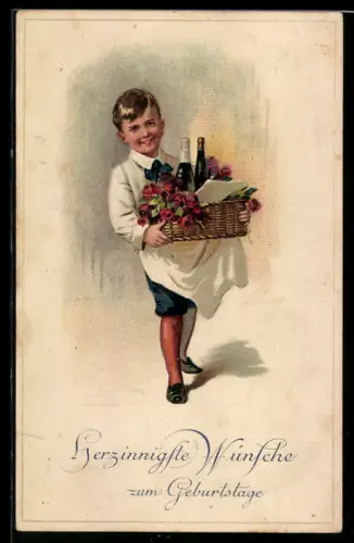 AK Kleiner Kellner bringt einen Korb mit Sekt und Blumen