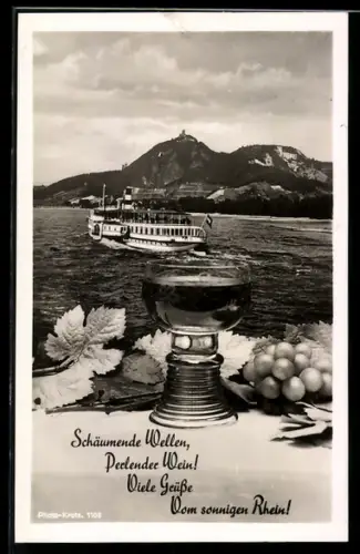 AK Weinglas und Trauben vor Rheinblick mit Dampfer
