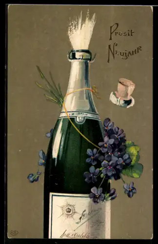 AK Flasche Champagner mit Veilchen