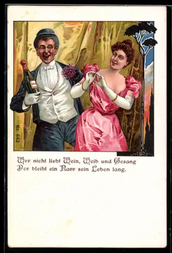 AK Paar mit einer Flasche Wein