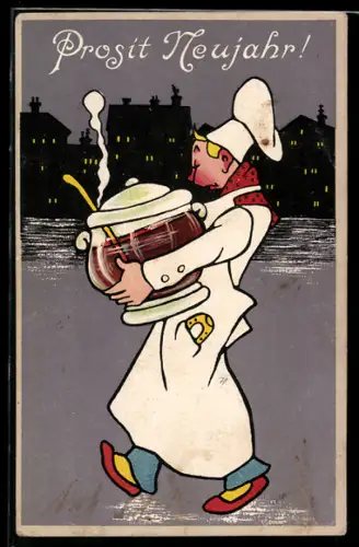 AK Ein Koch mit einem grossen Topf Bowle wünscht frohes Neues