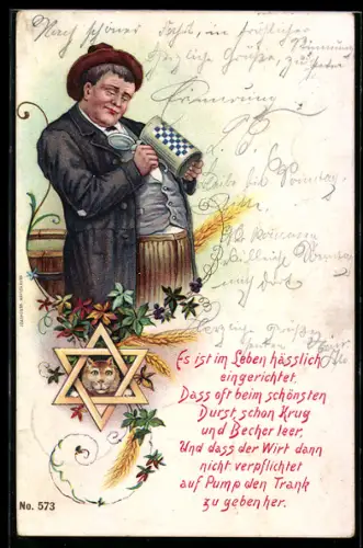 Lithographie Mann schaut traurig in seinen leeren Bierkrug