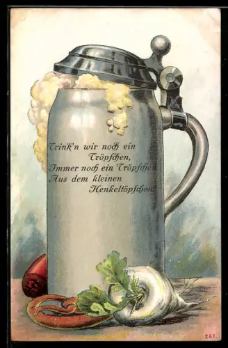 AK Voller Bierkrug mit Rübe und Brezel