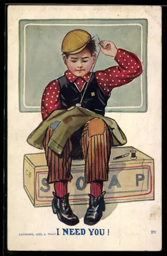 AK Junge näht einen Knopf wieder an