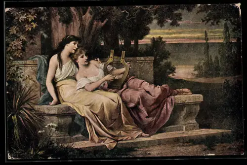 Künstler-AK sign. C. Schweninger: Zwei hübsche Frauen auf einer Steinbank mit Harfe