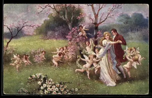 Künstler-AK sign. E. Roeder: Liebeszauber, hübsches Paar tanzt von Engeln umgeben
