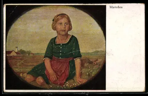 Künstler-AK sign. Prof. Kraus: Mariechen, Junges Kind auf einer Wiese vor einem Ort