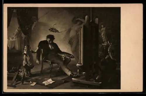 AK kleines Mädchen weckt einen träumenden Maler vor seiner Staffelei