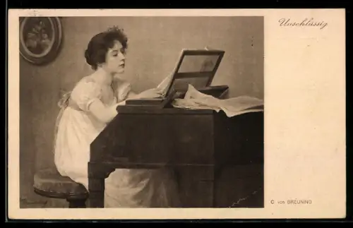 Künstler-AK sign. C. von Breuning: Unschlüssig, hübsche Frau sitzt am Schreibtisch