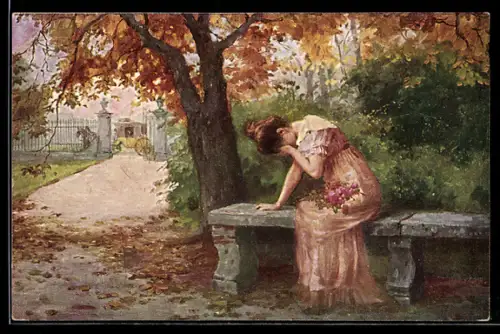 Künstler-AK sign. F. Heinrich: Herzeleid, Traurige Frau sitzt unter einem Baum