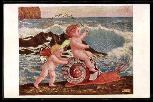 Künstler-AK sign. Paul Kämmerer: Fröhliche Fahrt, Engel reiten auf einer Schnecke