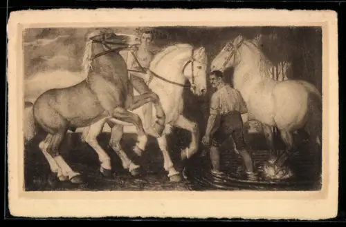AK Bauern mit Pferden in der Schwemme