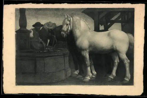 AK Bauer lässt seine Pferde am Brunnen trinken