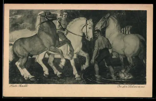 Künstler-AK sign. Fritz Boehle: In der Schwemme, Zwei Männer mit stürmischen Pferden