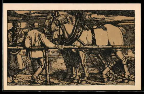 Künstler-AK sign. Fr. Boehle: Rast, Bauer bei seinem Pferden