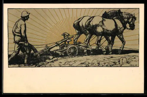 Künstler-AK Bauer bewirtschaftet sein Feld mit einem Pflug mit Pferde-Gespann