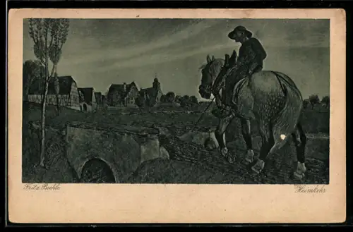 Künstler-AK sign. Fritz Boehle: Heimkehr, Bauer kehrt auf seinem Pferd in einen Ort zurück