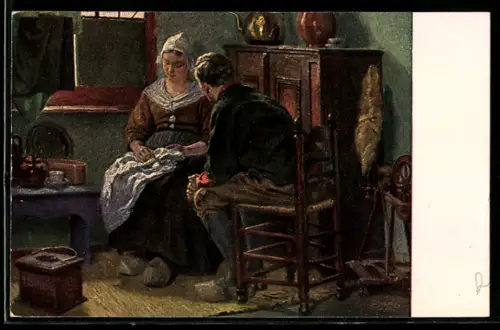 Künstler-AK sign. Julius Schrag: Liebesfrage, Mann macht einer Frau einen Antrag