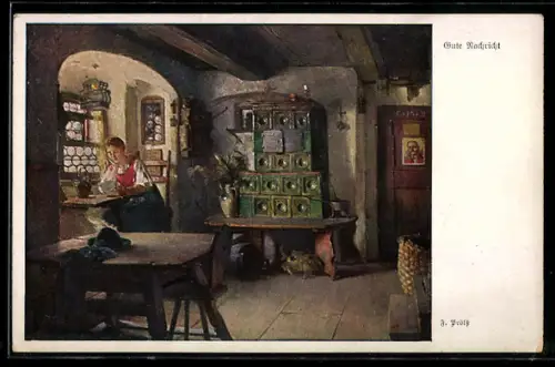 Künstler-AK sign. F. Prölss: Frau sitzt in der Stube und liest einen Brief, Gute Nachricht