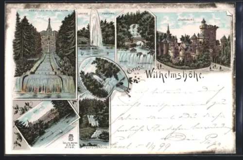 Lithographie Wilhelmshöhe, Herkules mit Kaskaden, Löwenburg, grosse Fontaine, Teufelsbrücke