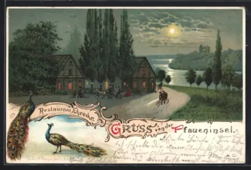 Lithographie Potsdam, Restaurant Ehrecke im Mondschein, Pfauen