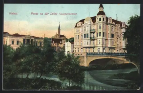 AK Guben, Partie an der Lubst, Jungfernbrücke