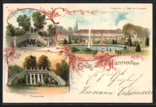 Lithographie Hannover, Schloss in Herrenhausen, Grotte, Cascade