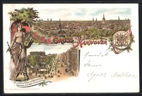 Lithographie Hannover, Panorama, Georgstrasse, Wappen