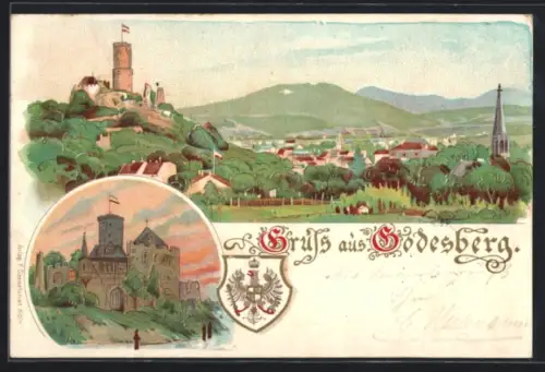 Lithographie Godesberg, Burg Godesberg, Ortsansicht mit Kirche, Wappen