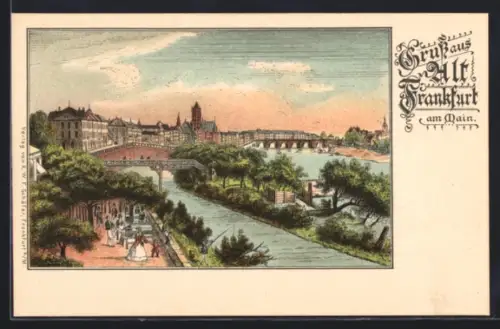 Lithographie Frankfurt am Main, Altstadt mit Brücke